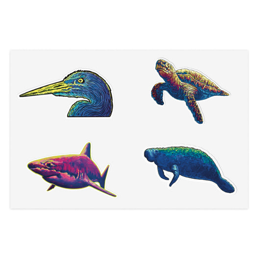 Ocean Wildlife Sticker Sheet — Colorful Turtle, Manatee, Heron & Shark Sticker Set for Planners, Scrapbooks, and Gifts