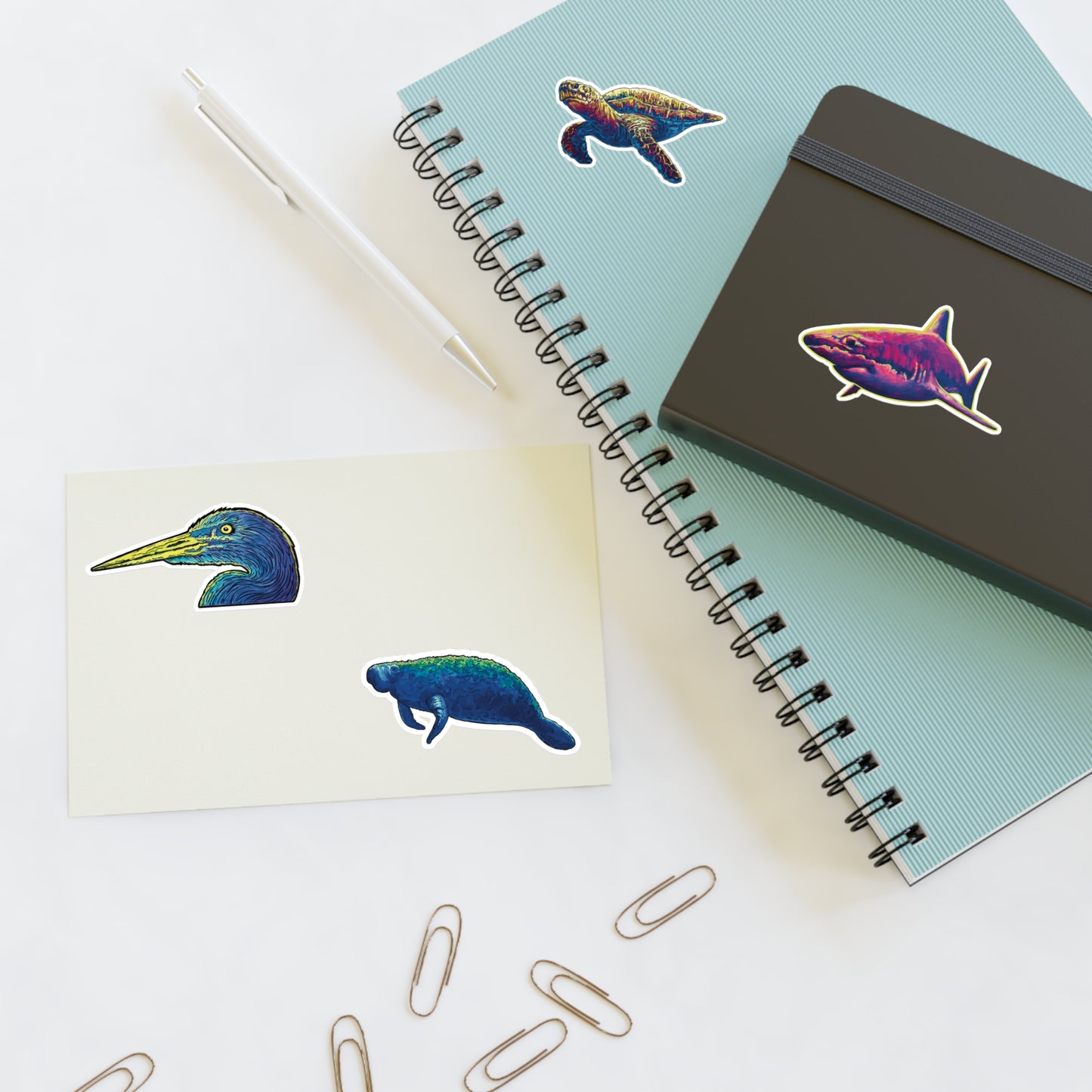 Ocean Wildlife Sticker Sheet — Colorful Turtle, Manatee, Heron & Shark Sticker Set for Planners, Scrapbooks, and Gifts